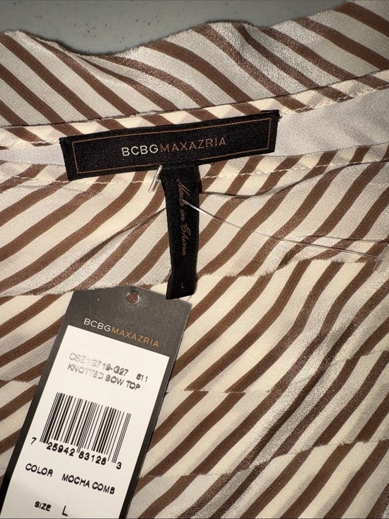 BCBGMaxAzria Tops - BCBGMAXAZRIA Knotted Bow One-Shoulder Top Mocha Stripe Size L NWT
